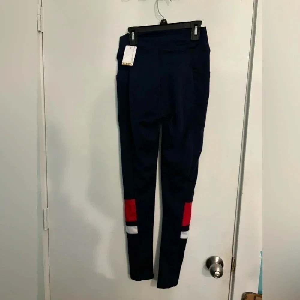 NWT Lydaa Womens Leggings‎ Small/Medium Navy Red White Full Length Side Pockets